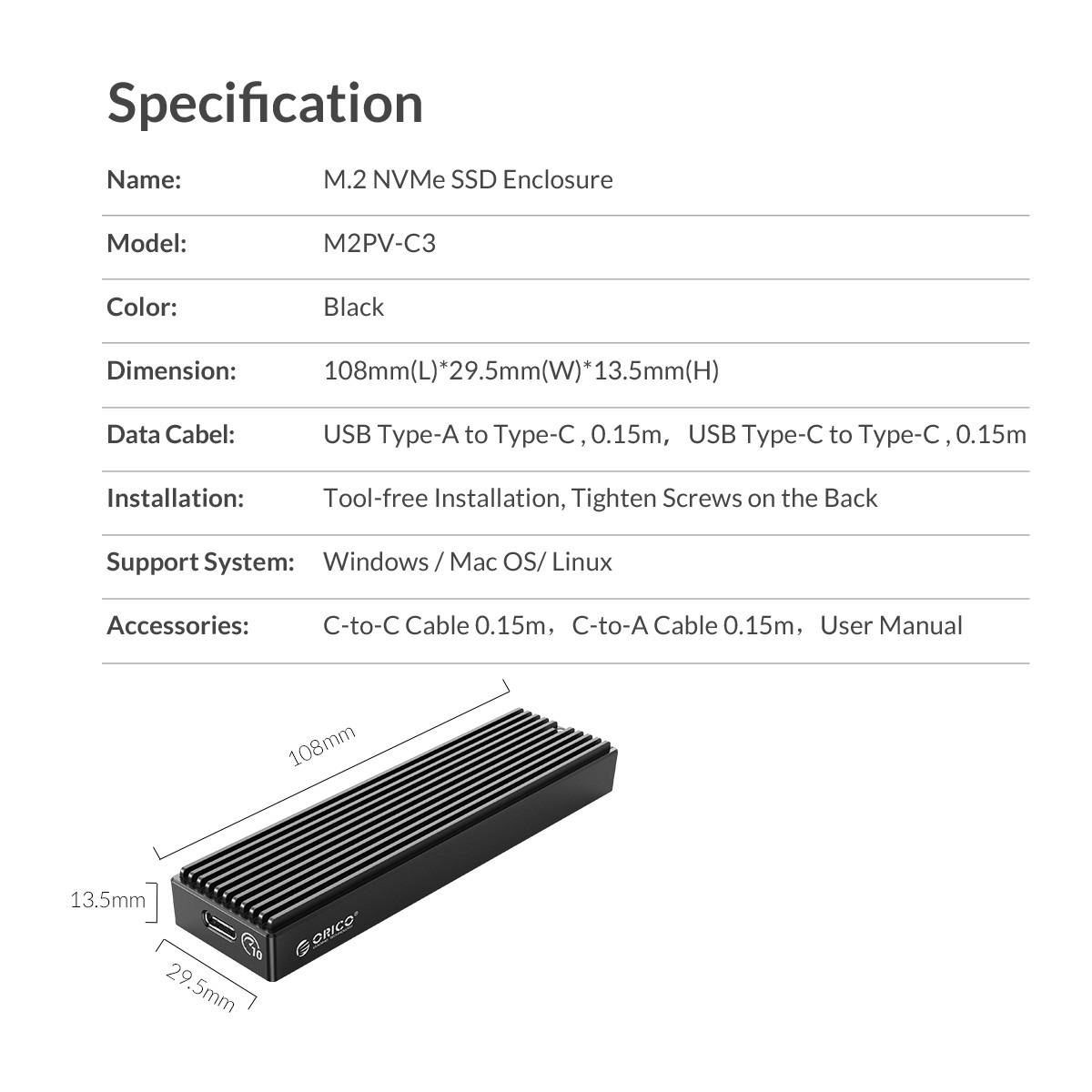 ORICO-M2-NVMe-SSD-Enclosure-USB31-GEN2-Type-C-10Gbps-Hrad-Drive-Case-Box-Support-2TB-Max-for-Windows-Linux-1750290