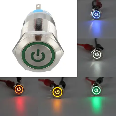 5 Pin 19mm LED Silver Steel Push Button Latching Power Switch