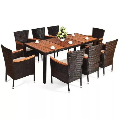 Costway 9PCS Patio Rattan Dining Set 8 Chairs Cushioned Acacia