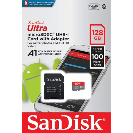 SanDisk 128GB Class 10 microSDXC Memory Card with Adapter